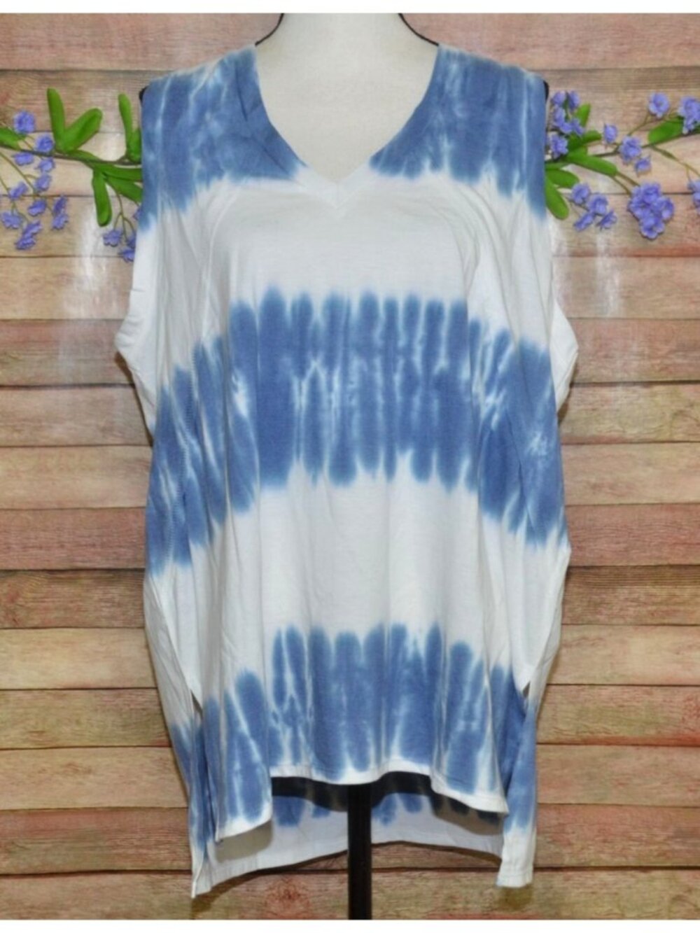 NWT Mud Pie One Size Blue Tie Dye Cover Up V-neck Sleeveless Shirt Top Beach